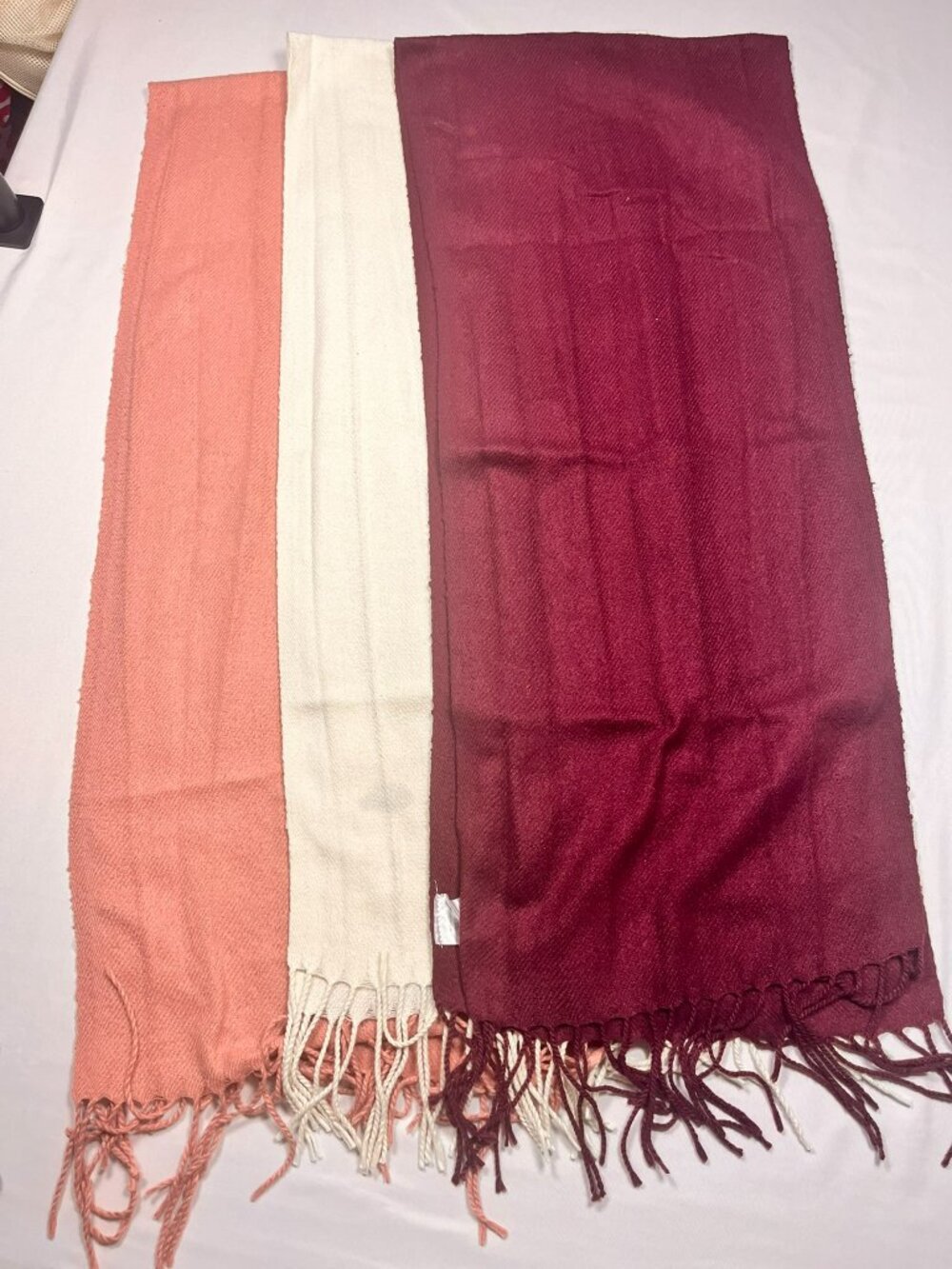 Lot of 3 Solid Fringed Scarves 60 Inch Pink Ivory Burgundy Soft Knit Winter OS